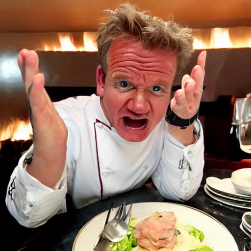 Image similar to < photo trending > gordon ramsey reacts outrageously to being served a plate overflowing with raw sliced chicken