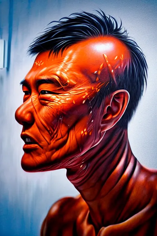 Image similar to hyperrealistic close-up graffiti exoskeleton! chinese man highly detailed concept art eric zener elson peter cinematic hard orange lighting high angle hd 8k sharp shallow depth of field