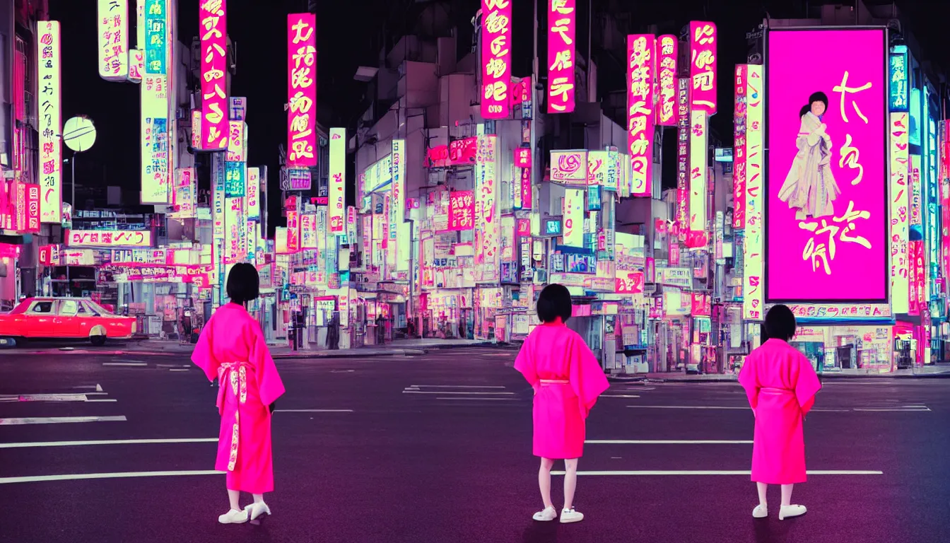 Prompt: 90s neon movie still. japanese city at night. ((One Girl)) stands in the middle of a crosswalk wearing a kimono. She is looking up at an advertisement. hyperrealistic, high definition, medium format photography, highly detailed, technicolor, anamorphic 50mm lens
