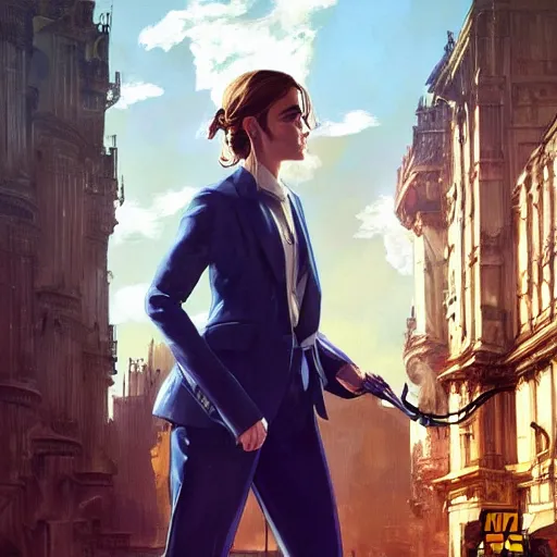 Prompt: Emma Watson wearing a suit as a grand theft auto 5 loading screen, gorgeous, intricate, highly detailed, digital painting, artstation, concept art, sharp focus, illustration, art by greg rutkowski and alphonse mucha