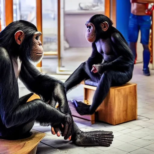 Image similar to chimpanzee getting a haircut at the barber, realistic, cute, photogenic, well lit