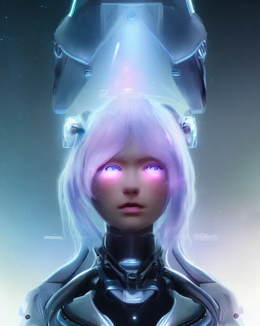 Image similar to perfect android girl on a mothership, warframe armor, beautiful face, scifi, futuristic, galaxy, nebula, raytracing, dreamy, long white hair, blue cyborg eyes, sharp focus, cinematic lighting, highly detailed, artstation, divine, by gauthier leblanc, kazuya takahashi, huifeng huang