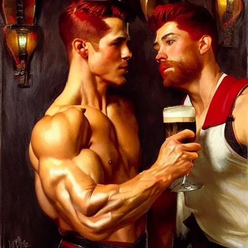 Image similar to attractive muscular male with red hair and muscular attractive male with black hair, drinking their hearts out, in a pub. very defined and highly detailed painting by j. c. leyendecker, gaston bussiere, craig mullins 8 k