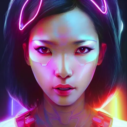 Prompt: asian neon cyberpunk woman, science fiction, highly detailed, digital painting, beautiful eyes, symmetry, concept art, sharp focus, illustration, global illumination, radiant light, synthwave colors, detailed and intricate environment, art by artgerm and greg rutkowski and magali villeneuve and ilya kuvshinov