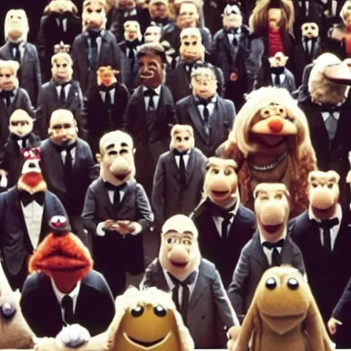 Image similar to a cinematic shot from the movie inception where all the characters are muppets