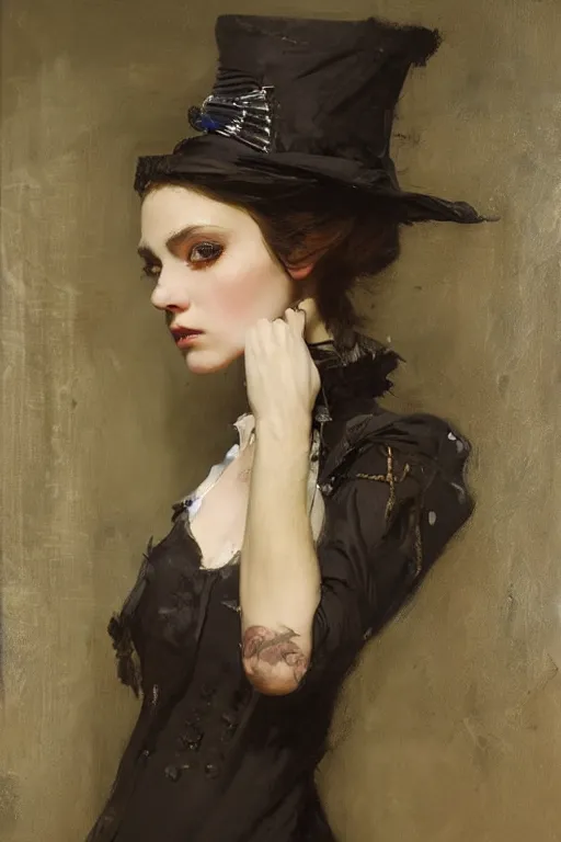 Image similar to Richard Schmid and Jeremy Lipking full length portrait painting of a young beautiful victorian steampunk vampire Priestess woman