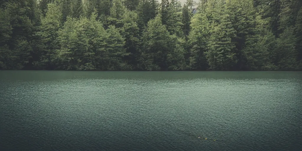 Prompt: centered photograph of a long rope snaking directly on the surface of the water, rope center of the lake, a dark lake on a cloudy day, color film, trees in the background, hyper detailed photo, anamorphic lens
