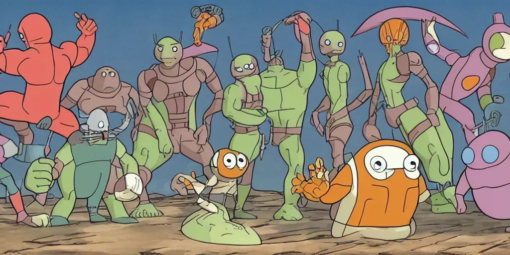 Image similar to the snorks in the avengers, animation, studio ghibli style