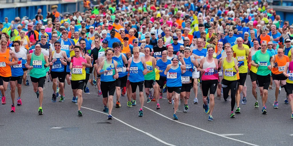 Image similar to photograph of long row of marathon runners, start line, advertising campaign, muted colours, studio backdrop, diverse people