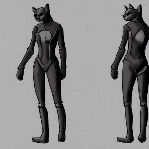 Image similar to cyberpunk cat in suit sketch, front, side, and back view, arms outstretched, modeling reference sheet,