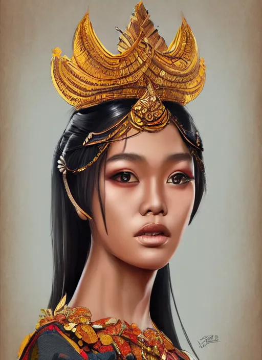 Image similar to portrait of an indonesian supermodels wearing traditional costume, highly detailed, digital painting, artstation, concept art, sharp focus, illustration