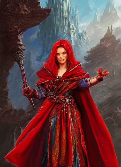 Image similar to bright red cloak female priest, ultra detailed fantasy, dndbeyond, bright, colourful, realistic, dnd character portrait, full body, pathfinder, pinterest, art by ralph horsley, dnd, rpg, lotr game design fanart by concept art, behance hd, artstation, deviantart, hdr render in unreal engine 5