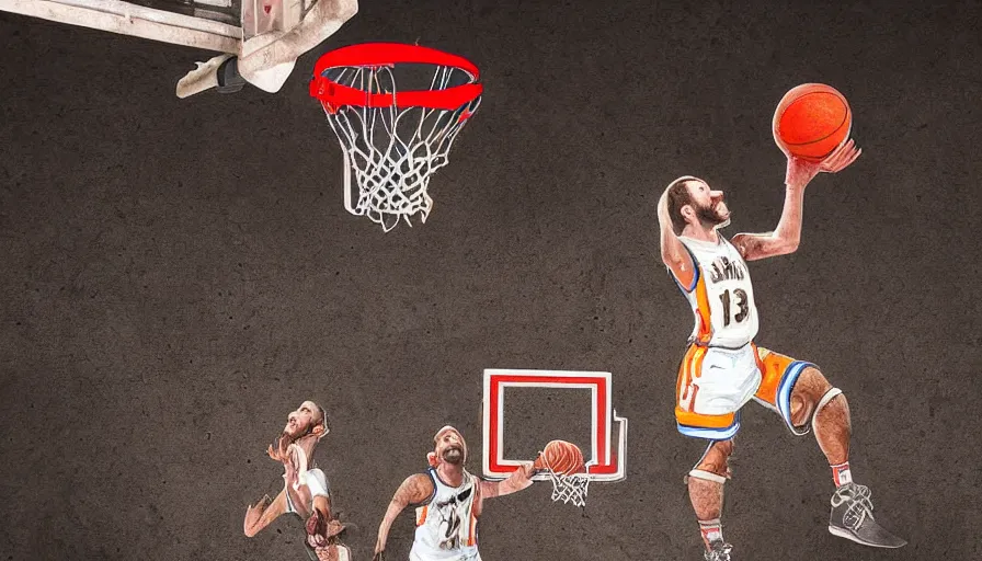 Image similar to a dwarf is dunking a basketball, digital art, highly detailed, realistic, bright colors, 8 k