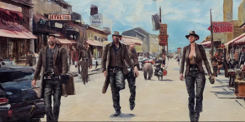 Image similar to an oil-painting of a busy old west town with Mila Jovovich and Dave Bautista