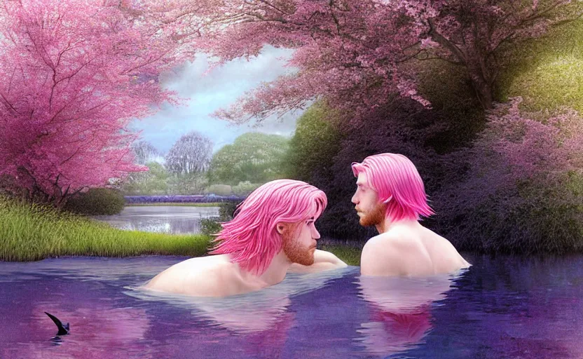 Image similar to harmony of pink haired merman backlit staring at black haired young man from across a pond, love at first sight, by alan lee, muted colors, springtime, colorful flowers & foliage in full bloom, sunlight filtering through trees & skin, digital art, art station cfg _ scale 9