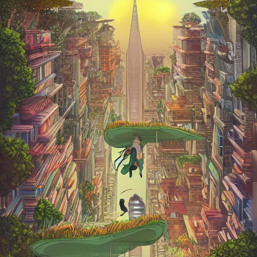 Image similar to future city covered by forest creature, flying, culture, smooth, by studio ghibli