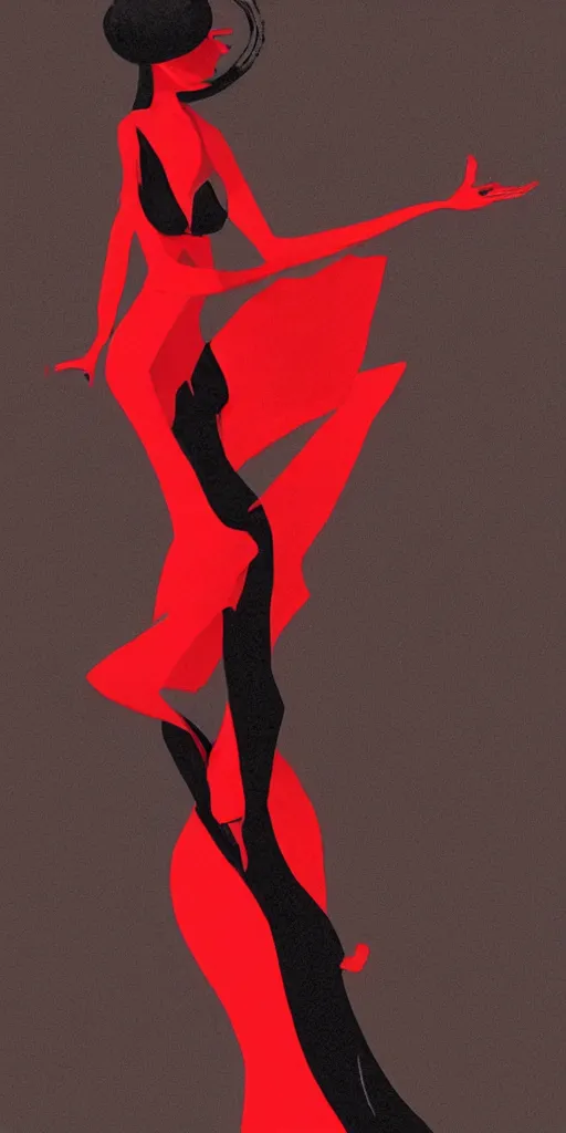 Prompt: sensual red and black illustration of a woman in a dress dancing, black background, high contrast, patrick westwood style, red series, benjamin conalin style, artstation trending, high detail, soft light, black background