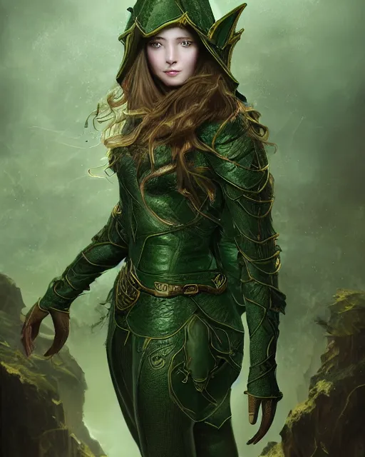 Image similar to a beautiful photo of a young woman, green elf ranger with long flowing hair and a green leather hood, elf ranger leather armor with olive green and brown colors and gold lining, young female face, cinematic top lighting, insanely detailed and intricate, face by wlop, Charlie Bowater, designs by zhelong xu and gustave doré, golden ratio, symmetric, elegant, ornate, luxury, elite, matte painting, cinematic, trending on artstation, deviantart and cgsociety, 8k, high resolution