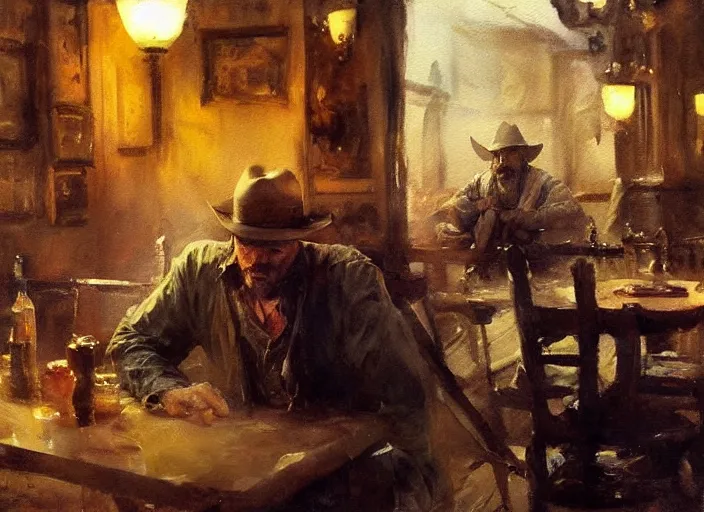 Image similar to oil watercolor painting of young rugged guy in western bar, stubble, long hair, mysterious light, art by anders zorn, wonderful masterpiece by greg rutkowski, beautiful cinematic light, american romanticism by greg manchess, creation by tyler edlin