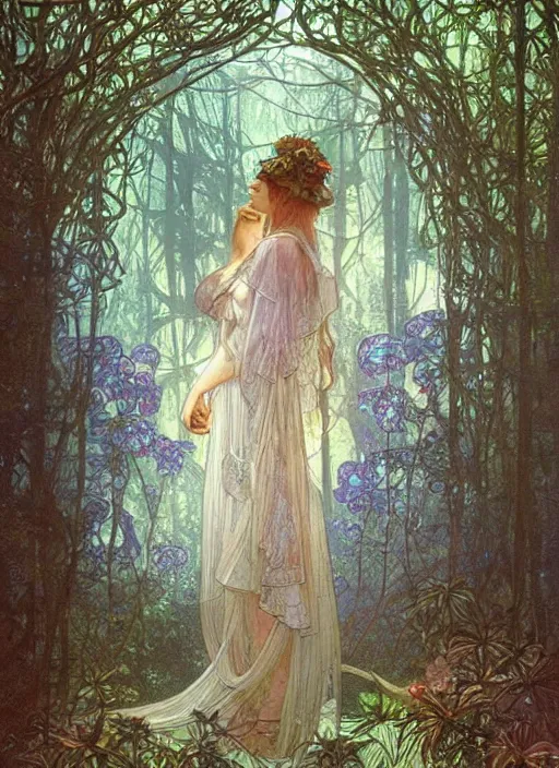 Image similar to a crystal cube in a forest, highly detailed, intricate, concept art, art station, cinematic light, realistic, ethereal light, art by Alphonse Mucha