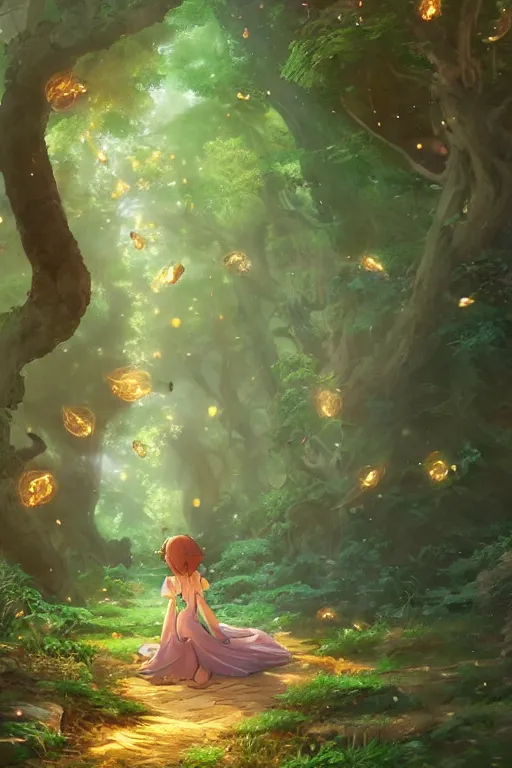 Image similar to forest path, fairy, beautiful ancient trees, hiding large treasure chest, glowing fireflies, serene evening atmosphere, soft lens, soft light, cel - shading, animation, in the style of cgsociety, deviantart, artstation, zbrush, cinema 4 d, studio ghibli, akihiko yoshida, atelier lulua, masamune shirow