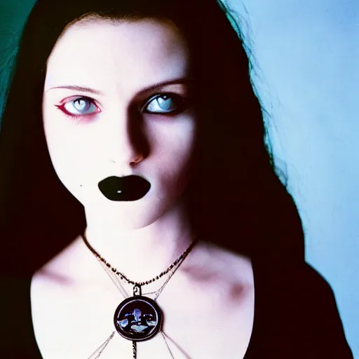 Image similar to medium shot, color slide Kodak Ektachrome E100, studio photographic portrait of Death as a young, attractive, gorgeous, friendly, amicable, pale, porcelain looking skin, goth, girl around 20 years old, wears a Ankh Necklace, casual black clothes, golden hour, Nikon camera, 75mm lens, f/2.8 aperture, HD, hi-res, hi resolution, deep depth of field, sharp focus, rich deep moody colors, masterpiece image, intricate, realistic, elegant, highly detailed, Shutterstock, Curated Collections, Sony World Photography Awards, Pinterest, by Annie Leibovitz
