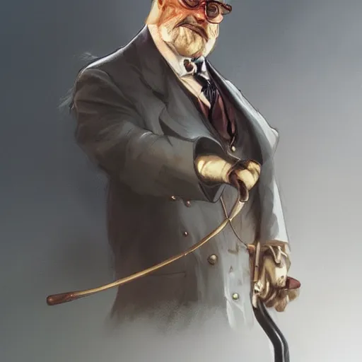 Prompt: distinguished gentleman with electrified walking cane, portrait, behance hd artstation, style of jesper ejsing