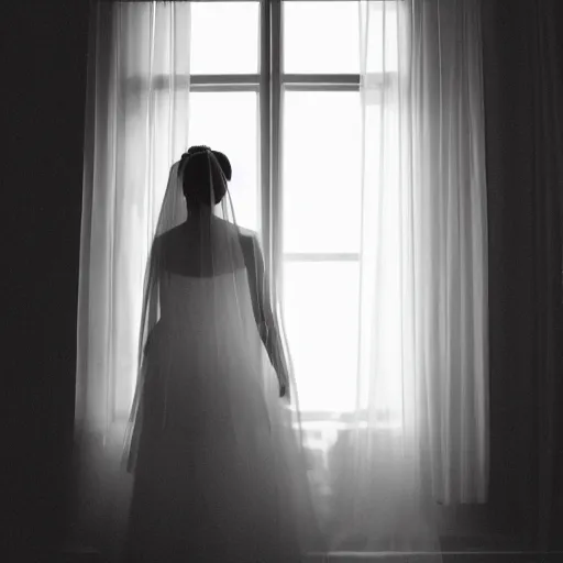 Prompt: Photorealistic portrait of a woman model wearing a wedding veil, looking out the window, dramatic lighting, 55mm