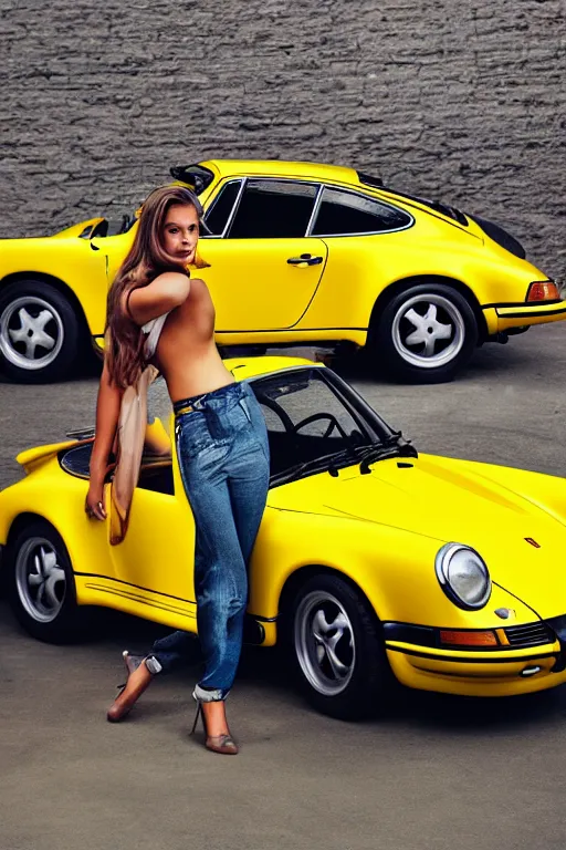 Image similar to Photo of a beautiful model leaning on a yellow Porsche 911 Carrera 3.2, daylight, dramatic lighting, award winning, highly detailed, fine art poster