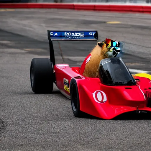 Image similar to a capybara driving a race car, DSLR 15mm, photography