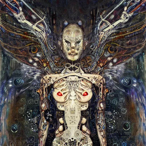 Prompt: winged cybernetic demon trapped in biomechanical circuitry, intricate detail, miro, royo, whealan, klimt,