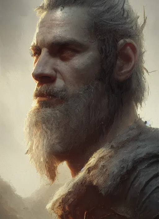 Image similar to portrait of a rugged medieval man, highly detailed, fantasy, godrays, cinematic lighting, close up, volumetric, realistic, digital art by greg rutkowski