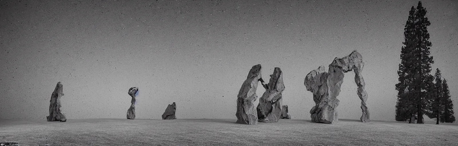 Image similar to to fathom hell or soar angelic, just take a pinch of psychedelic, medium format photograph of two colossal minimalistic necktie sculpture installations by antony gormley and anthony caro in yosemite national park, made from iron, marble, and limestone, granite peaks visible in the background, taken in the night