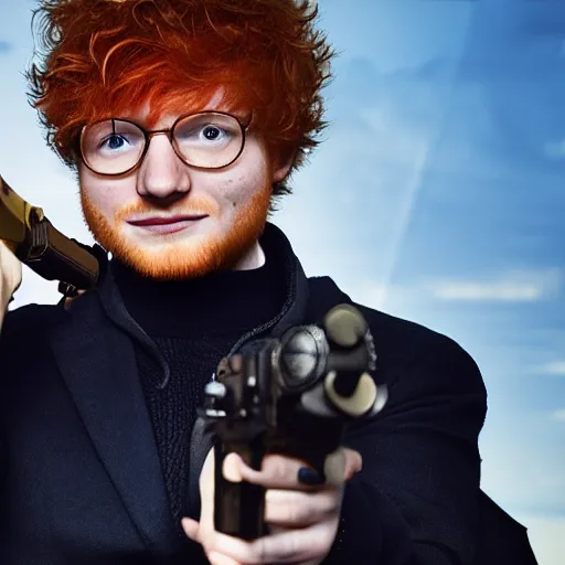 Prompt: ed sheeran as spike spiegel from cowboy bebop, holding a gun like james bond, cinematic, 4 k, realistic, wide angle lens. 8 k, hyperdetailed, precise, low - lighting