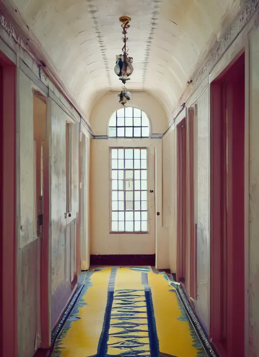 Image similar to photograph of a hallway in the style of Wes Anderson, architecture magazine, dezeen, 50mm, pentax, film