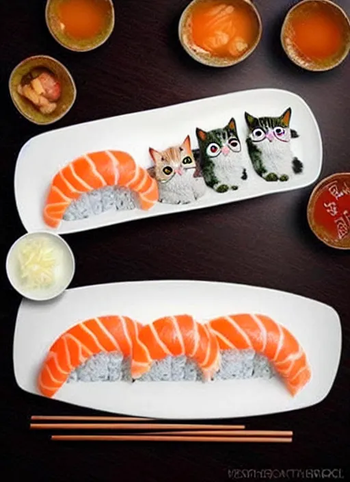 Image similar to clear photorealistic picture of adorable cats made out of sushi