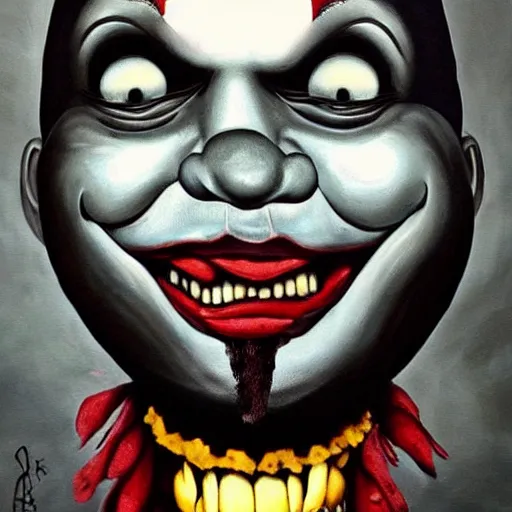 Image similar to grunge painting of kanye with a wide smile and a red balloon by chris leib, loony toons style, pennywise style, corpse bride style, horror theme, detailed, elegant, intricate