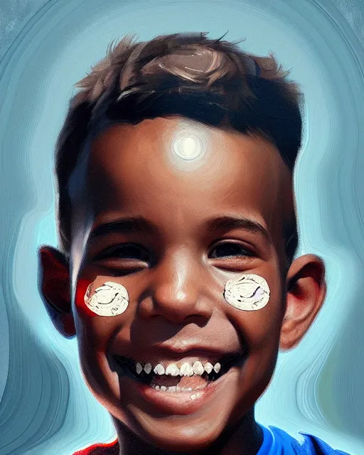 Image similar to painting, of smiling boy, shards of time, face portrait, centered portrait, medium full shot, illustration, highly detailed, simple, no jagged lines, smooth, artstation, artwork by obey, artwork by sandra chevrier