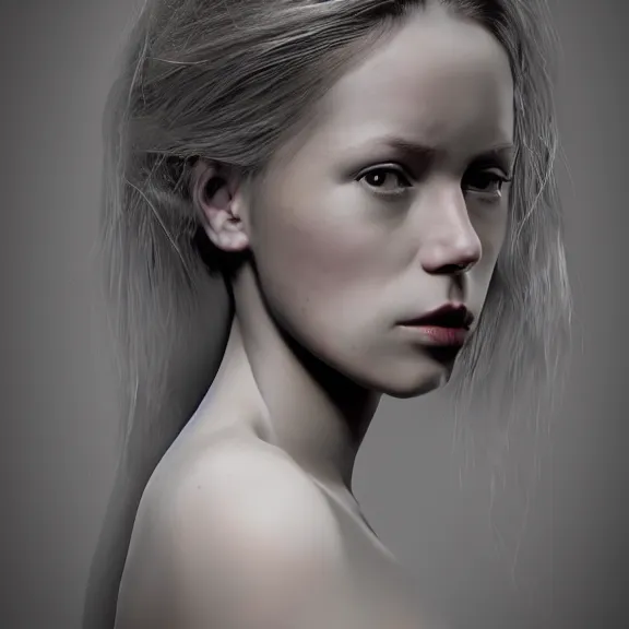 Image similar to a highly detailed 3 d render dark portrait of a woman in the style of chris cunningham and in the style of andrzej dragan, photo manipulation, dramatic lighting, concept art