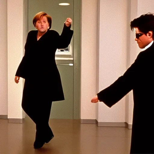 Image similar to Angela Merkel as Neo or Morpheus, in the movie The matrix, 1999. Cinematic. Movie footage.