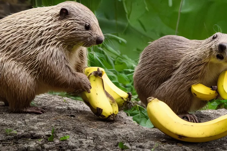 Image similar to a beaver stealing bananas from an orphanage, 4 k, extremely detailed, high quality, award - winning,