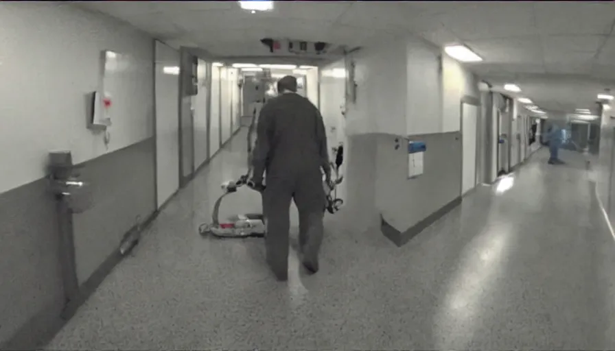 Image similar to a man being hospitalized by robots, by mini dv camera, very very low quality, heavy grain, very blurry, accidental flash, webcam footage, found footage, security cam, caught on trail cam