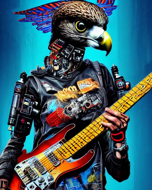 Image similar to a portrait of an anthropomorphic cyberpunk falcon shredding an electric guitar by sandra chevrier, by jon foster, detailed render, tape deck, epic composition, cybernetics, 4 k realistic, cryengine, realistic shaded lighting, sharp focus, masterpiece, by enki bilal