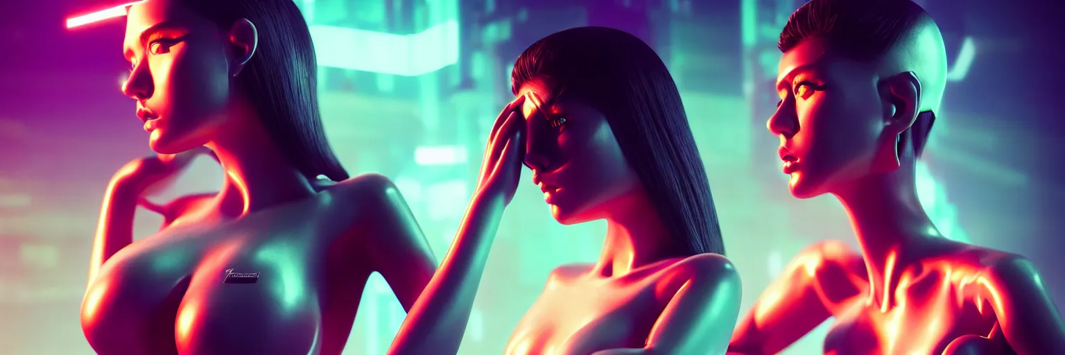 Image similar to 2 0 0 mm lens photography of a few female humanoid cropped tight portrait, shallow depth of field, cyberpunk high fashion, elegant profile pose, cyber neon lighting, retro futurism, retro futuristic glossy latex bikini, bokeh background, hyper photorealistic, crispy quality, digital photography, art by pascal blanche, art by artgerm, art by greg rutkowski,