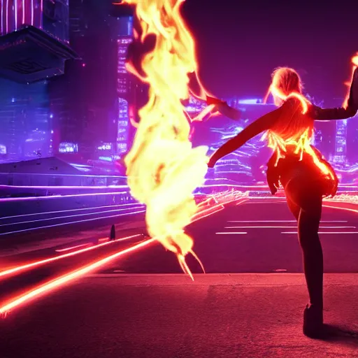 Prompt: young blonde woman from behind with flames dancing on her hands in a cyberpunk city, realistic, high definition, 4K, shimmering color, art of unreal engine 5