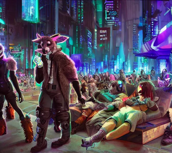 Image similar to high - resolution photograph from a cyberpunk era furry fandom convention ( midwest furfest 2 0 4 7 ), taking place after the genetic revolution and quantum singularity. photorealistic.