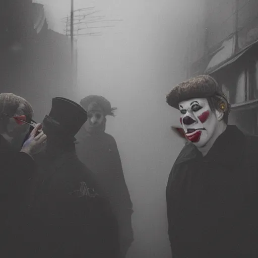 Image similar to an old 5 0 mm photo of a group of men putting on clown makeup in a dark foggy alley