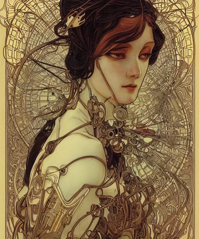 Image similar to realistic detailed portrait of a humanoid mecha cyberpunk! goddess by Alphonse Mucha and Charlie Bowater and art germ, rule of thirds, golden ratio, Art Nouveau! cyberpunk! style, mechanical accents!, mecha plate armor, flowing wires with leaves, art nouveau accents, art nouveau patterns and geometry, rich deep moody colors, portrait style with the subject in the middle of the frame