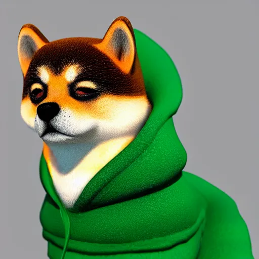 Image similar to a Shiba Inu wearing a green hoodie sitting on a couch, photo, trending on artstation, HDR, nicely detailed, 8k