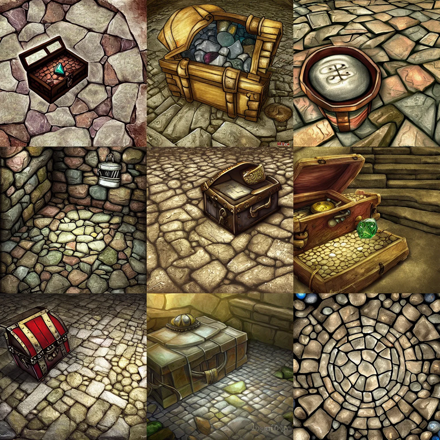 Prompt: trap, stone floor, small treasure chest in center, dnd fantasy digital art, high detail, realistic